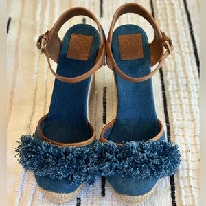 TORY BURCH “Shaw” Blue Denim Espadrille Wedge Sandal Size 11